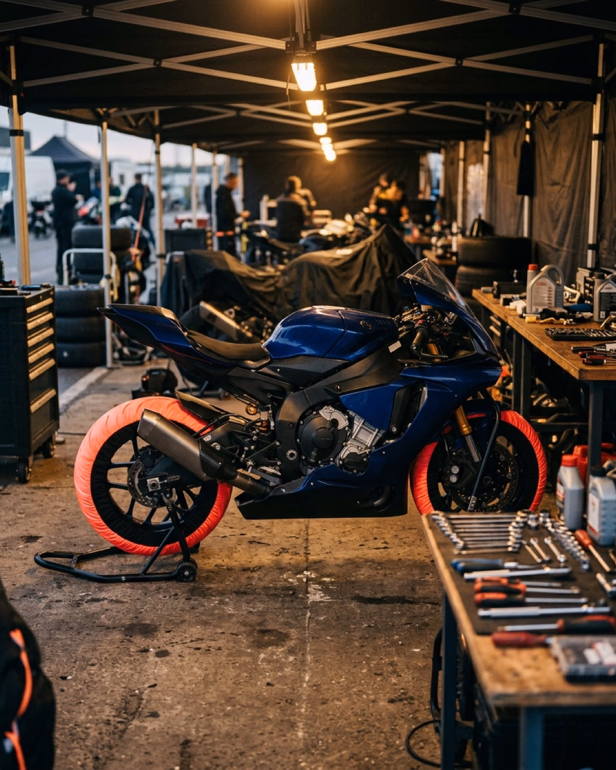 Eigenes Rennteam im Paddock – Motorrad auf Stand mit Reifenwärmern