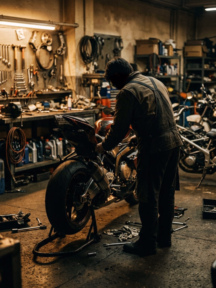 Werkstatt-Atmosphäre – Mechaniker arbeitet am Sport-Motorrad